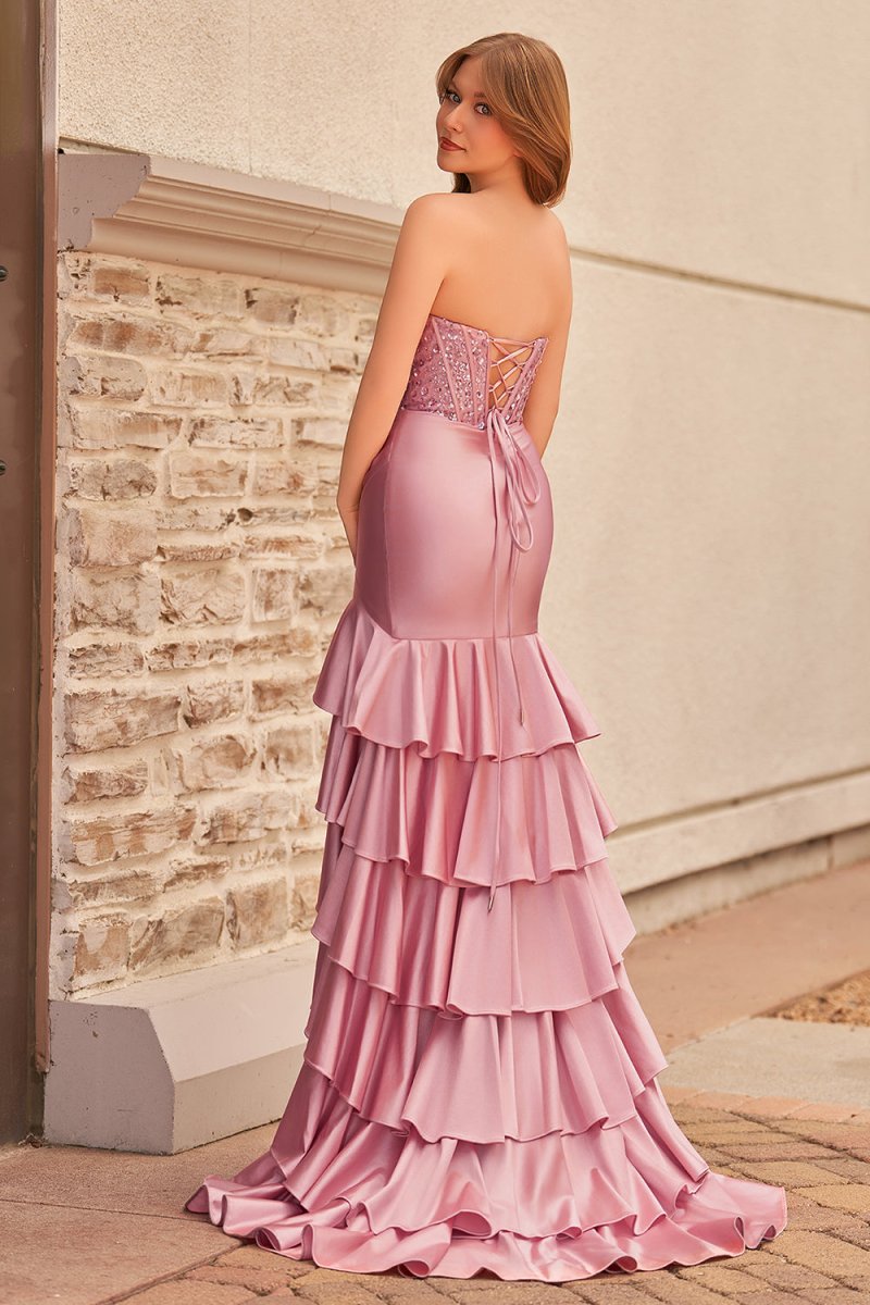 Charming Mermaid Strapless Pink Satin Long Prom Dresses with Appliques
