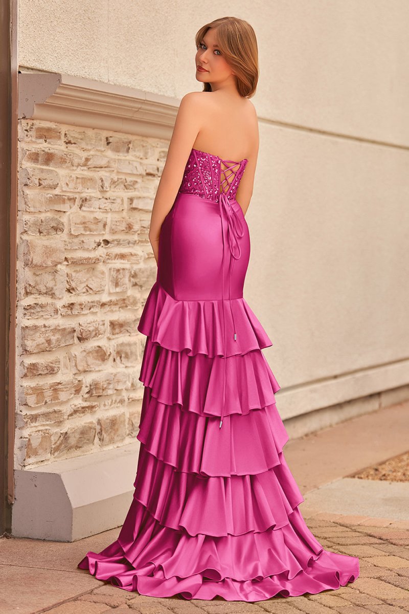 Charming Mermaid Strapless Pink Satin Long Prom Dresses with Appliques