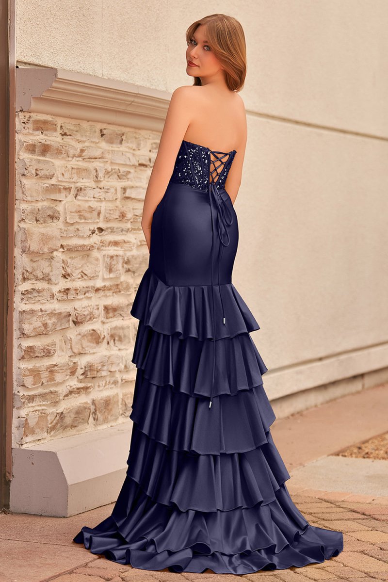 Charming Mermaid Strapless Pink Satin Long Prom Dresses with Appliques