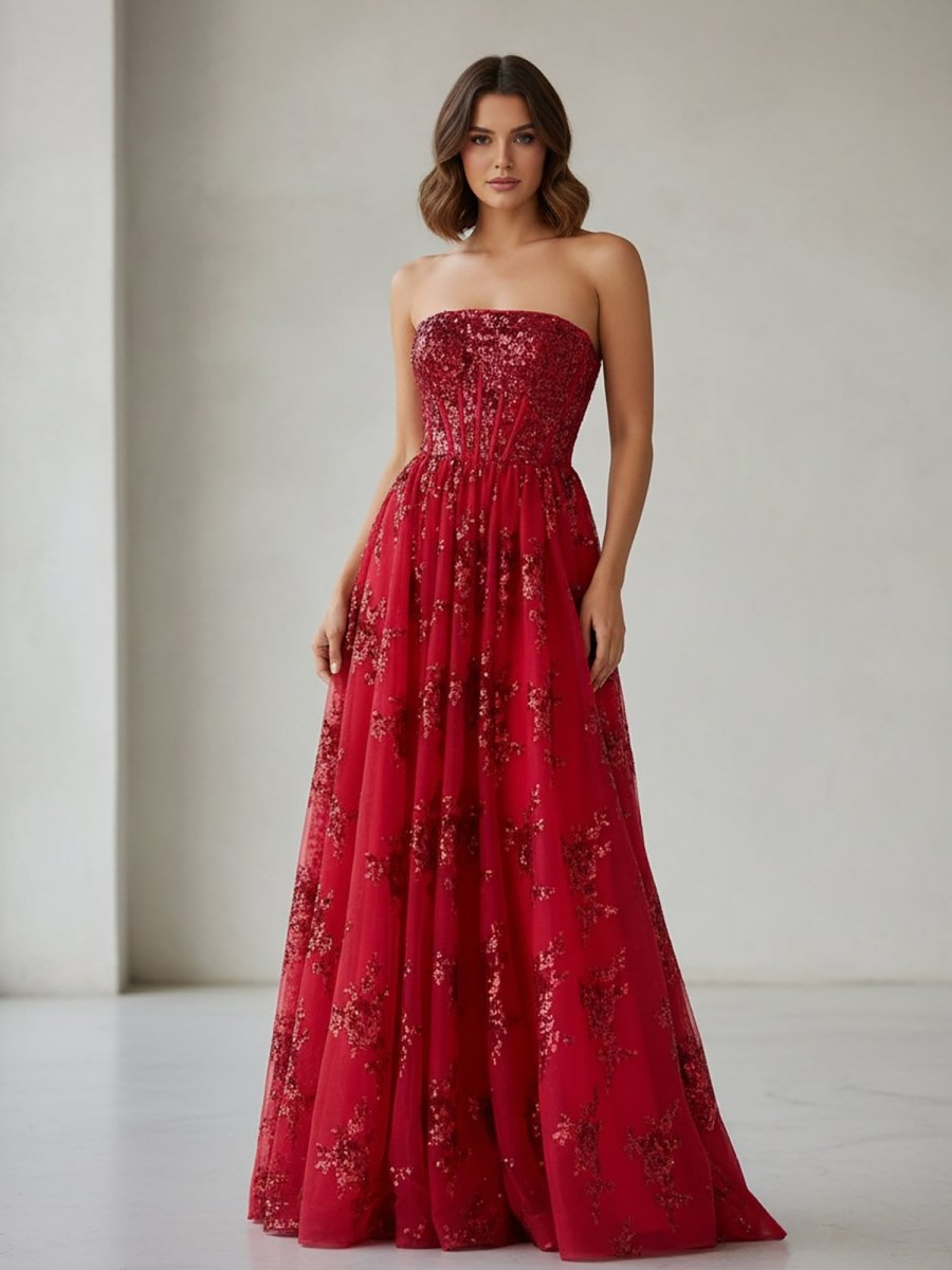 Red - A Line Strapless Pleating Long Prom Dress With Applique