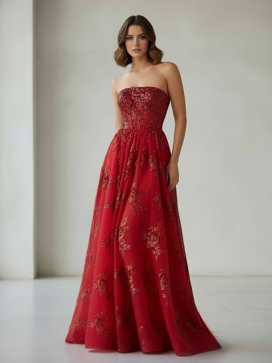 Red - A Line Strapless Pleating Long Prom Dress With Applique