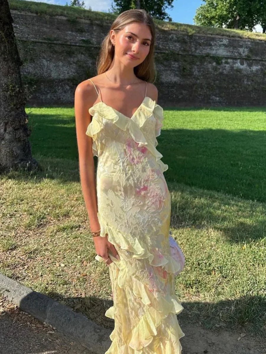 Yellow Spaghetti Straps Mermaid Long Prom Dress with Ruffles