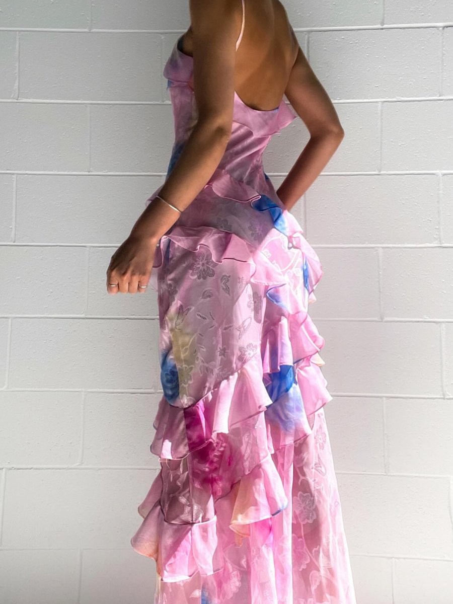Yellow Spaghetti Straps Mermaid Long Prom Dress with Ruffles