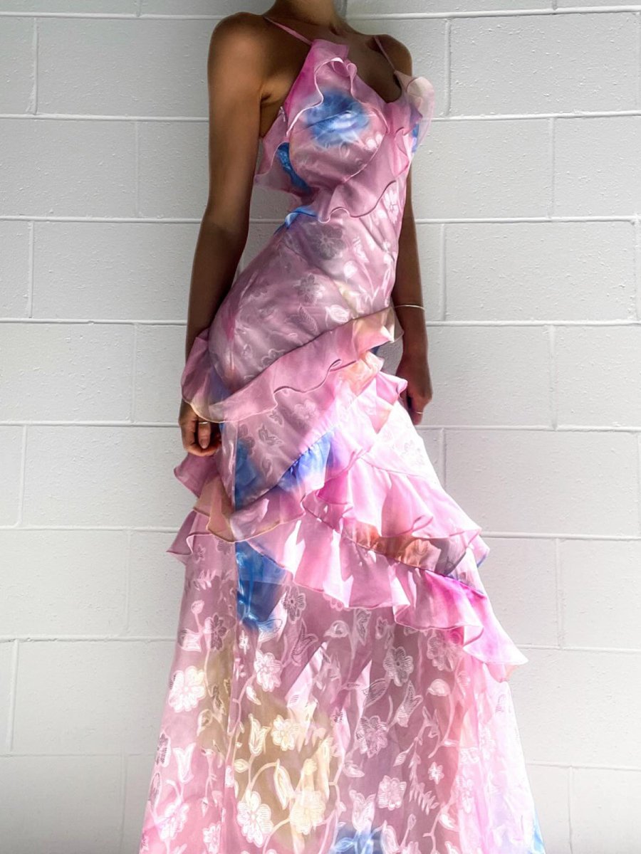 Yellow Spaghetti Straps Mermaid Long Prom Dress with Ruffles