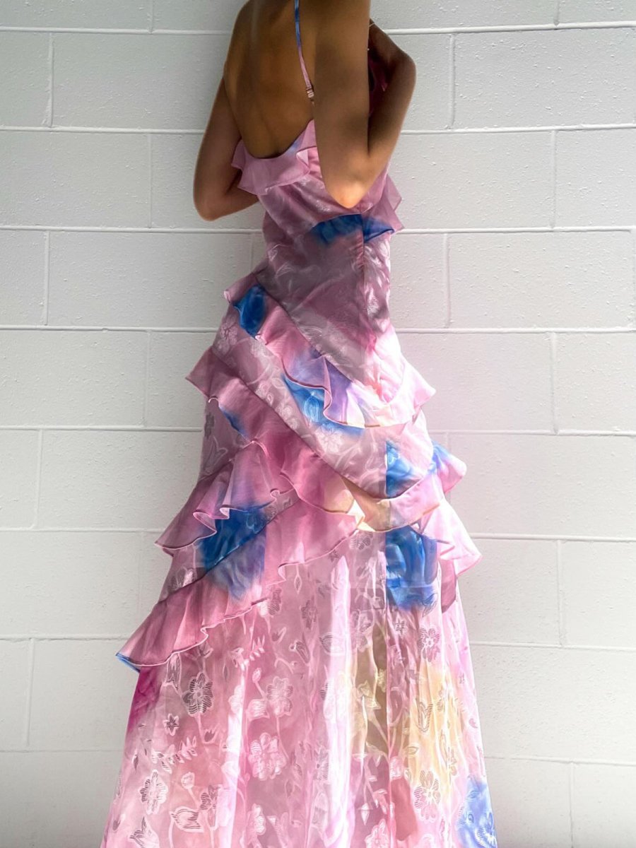 Yellow Spaghetti Straps Mermaid Long Prom Dress with Ruffles
